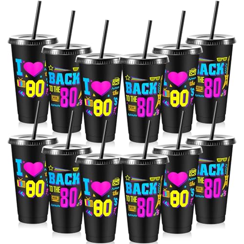 Uiifan 12 Pcs 80's Party Favors Plastic Cups 24oz 1980s Reusable Tumblers...