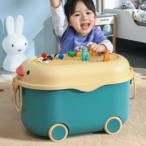 TOPAMIX Caixa Organizadora de Brinquedos e Livros para Crianças com Rodinhas Patinho Divertido (Verd