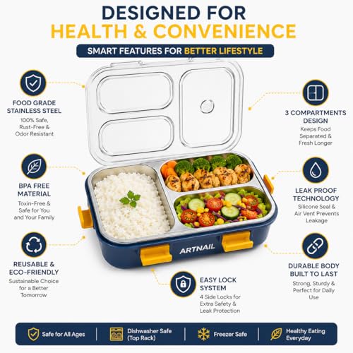 Image of 750ML Stainless Steel Bento Lunch Box |3 Compartments, Leakproof Tiffin Box with Spoon & Fork for School | Office & Travel