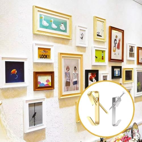 Image of 80pcs Picture Hangers, Picture Hooks for Hanging Pictures, 30Lb Frame Hooks Painting Hangers Hooks Set with Nails, on Drywall, Wooden Wall Photo Frame, Mirror, Canvas, Wall Art (Gold+Silver)