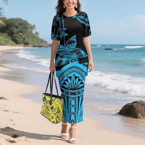 Image of Puletasi Samoan Traditional 2 Piece Outfits for Women Short Sleeve Crop Top and Maxi Skirt Sets Puletasi Dress
