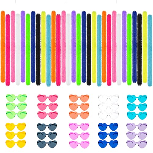 Image of 60Pcs /30Set 4.6ft Feather Boas and Heart Sunglasses