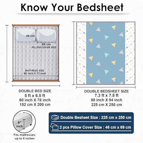 Image of Story@Home Bedsheets For Double Bed With 2 Pillow Covers Geometric,152TC,100% Cotton Double Bedsheet With Pillow Cover,225x250Cm,Blue & White,Triangles Pattern,Home Decor,Ideal For Festive Gifting