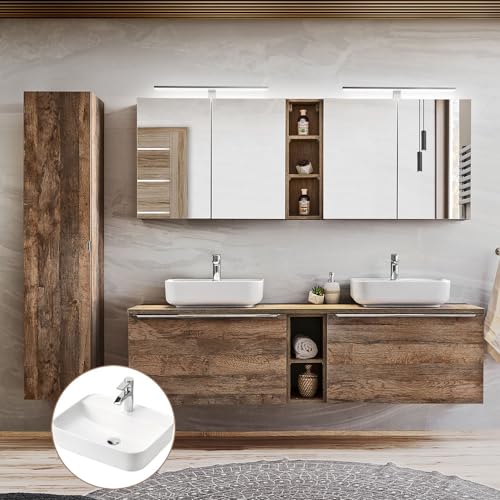 Lomadox Badmöbel Komplett Set Vintage Oak Eiche, 180cm Doppel Waschtischunterschrank, 2 Keramik Waschbecken, Regale, 2 LED-Spiegelschränke, Hochschrank