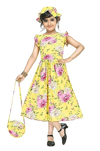 Image of Girl's A-Line Knee Length Dress | Short Frock with Cap, Mask and Purse