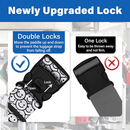 Image of 2 Pack Luggage Straps for Suitcases, Adjustable Travel Belt with Double Lock and Quick Release Buckle, Heavy Duty Nylon Bag Packing Strap, Bright Identifiers Business Travel Accessories-White Smiles
