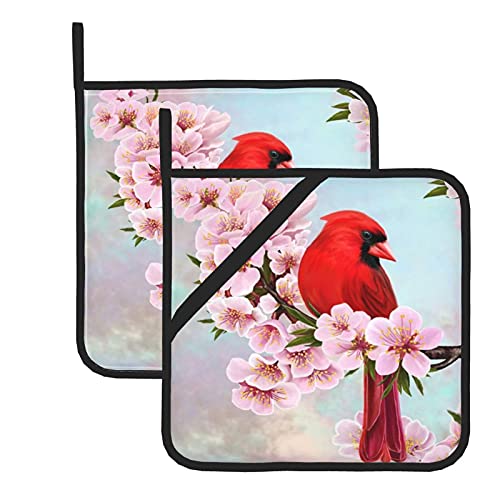 Evava Potholders 2 Pieces Set, Red Cardinal Bird Pink Flowers Hot Pads With Anti-Scald Cotton Infill Material Birds One Size #TOP1