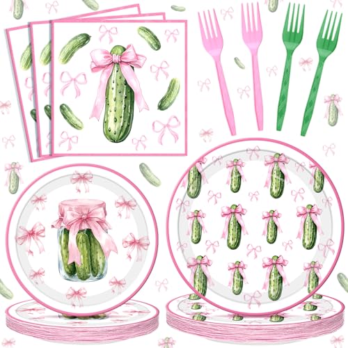 Havawish 96 Pcs Pink Bow Pickle Birthday Party Supply Pink Kind of a Big Dill Coquette Plates and Napkins Cucumber Themed Party Decorations Disposable Paper Plates Birthday Baby Shower Supplies