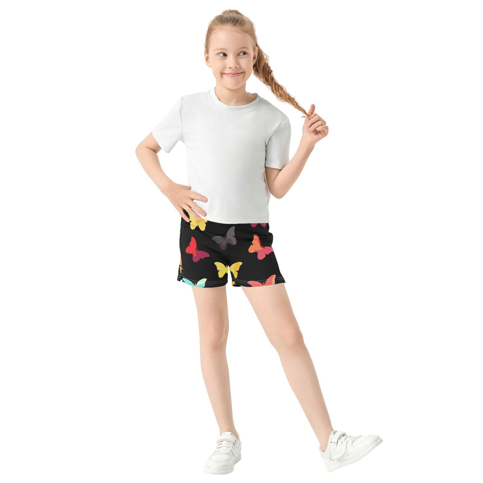 pnyoin Girl's Shorts Multi-Colored Butterflies Athletic Running Shorts with Pockets Size 14-15t