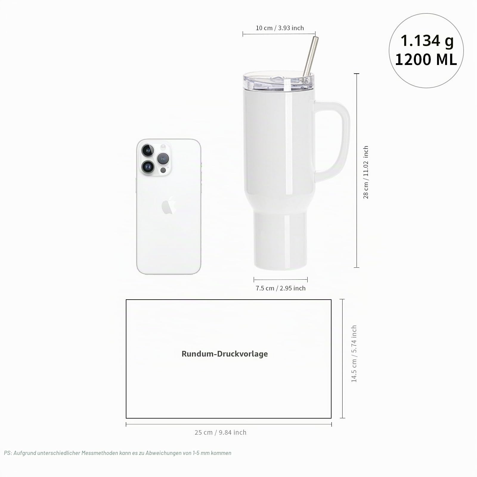 PYD Life Sublimationsbecher mit abnehmbarem Griff und Strohhalm-Deckel, Rohlinge, weiß, für 1,2 l Becher, Heißpresse, Sublimationsdruck, Ofendruck, 2 Stück