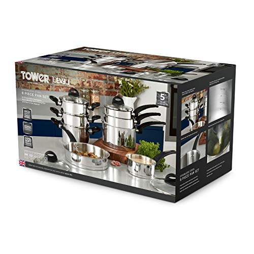 Tower Level Induction Frying Pan and Saucepan Set With Lids, Stay Cool Bakelite Handles, Stainless Steel Pan Set, Satin Finish, 8 Piece Main Image