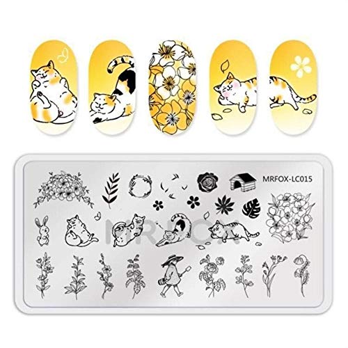 Rectangle Nail Stamping Plates Flower Cat Stainless Steel Nail Stamp Image Stencils Nail Art Template Manicure (Mrfox-lc015)