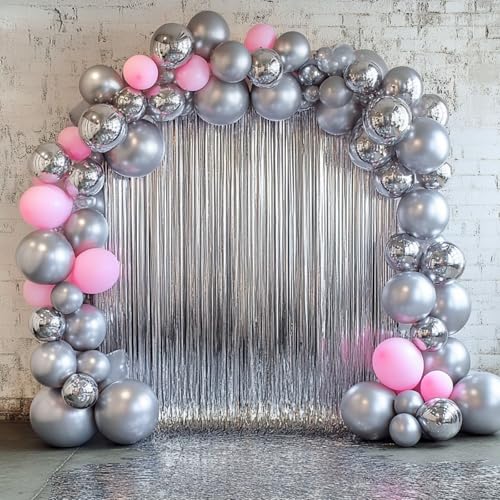 Image of RUBFAC 135pcs Metallic Silver Balloons Different Sizes 18 12 10 5 Inch for Garland Arch, Latex Balloon for Birthday Party Graduation Wedding Decorations
