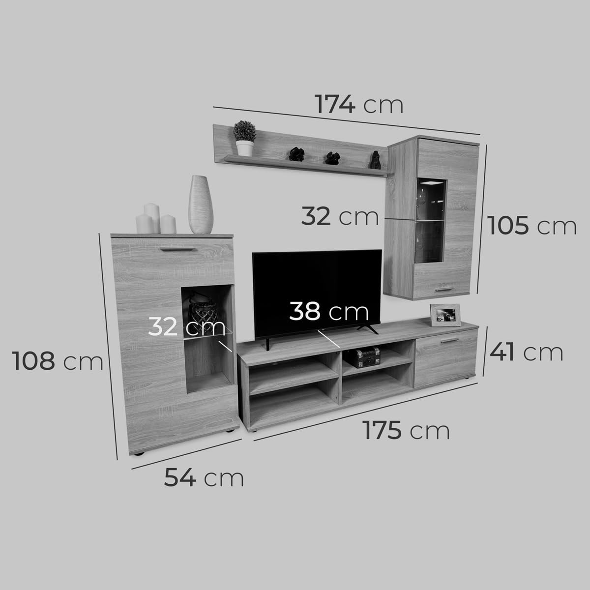 Homey - Mueble de Salón Moderno con Leds, Módulos de Comedor, Modelo Alba, Acabado en Cambria, Medidas: 229 cm (Ancho) x 200 cm (Alto) 38 cm (Fondo)