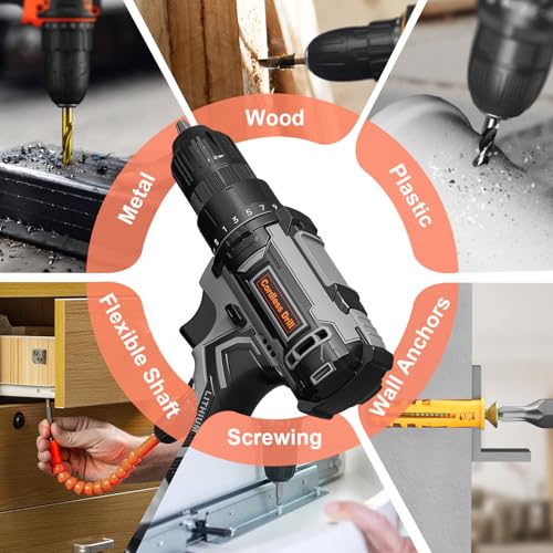 Image of Cordless Drill Set, 20V Power Drill with Power Pack 2.0Ah and Charger, 3 /8-Inch Keyless Chuck Electric drill, 25+1 Position, 42pcs Drilldriver Bits /Screws for DIY Projects (Black Grey)