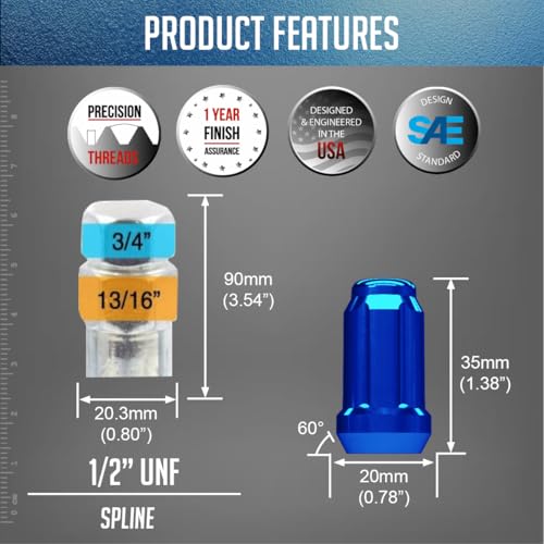 Image of Wheel Accessories Parts 20 Pcs 1 /2 inch-20 Thread Car Spline 35mm 1.38 inch Long Lug Nuts Blue Spline Hex Fits Ford Mustang | Jeep CJ Wrangler Grand Cherokee