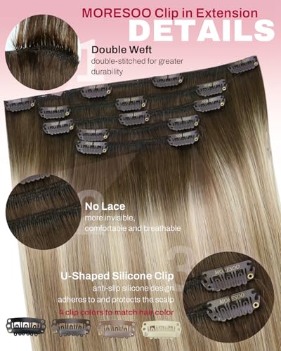 Image of Moresoo Balayage Clip in Hair Extensions Brown to Blonde for Short Hair | Remy human hair clip ins, ombre dark mocha to light brown with light blonde, 10 inch 80g 5pcs for fine hair