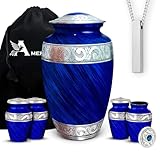 Set of 6 Eternal Blue Decorative Cremation Urns for Ashes Adult Male & Female Includes 1 Large Urn with 4 Small Keepsakes & 1 Necklace for Human Ashes