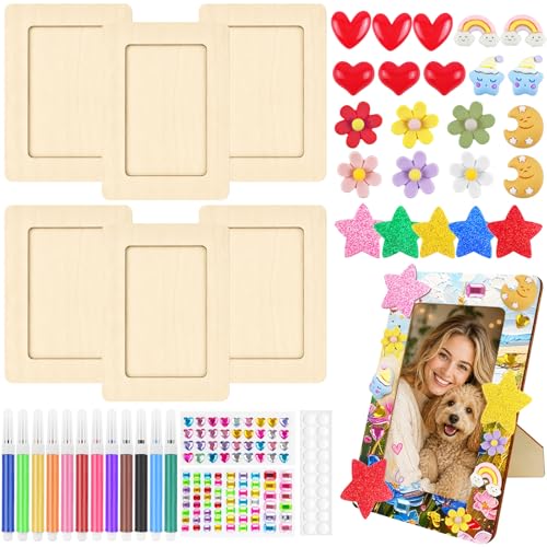 HavaCue Lot de 6 Bricolage Cadres Photos Bois, 19x14 cm Cadre a Decorer, DIY Cadre Photo Personnalisé Kits avec Pierre Scintillante, Stickers Mousse...