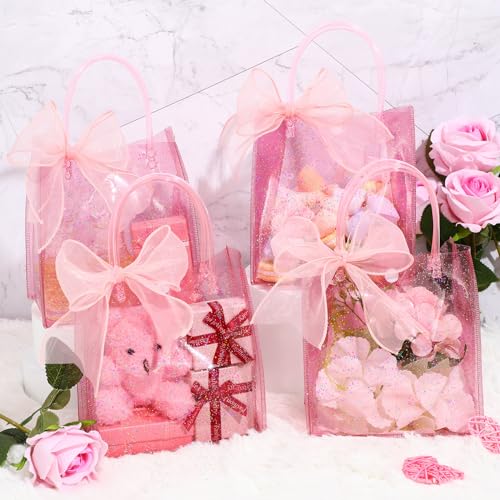 Sayglossy 24 Pcs Clear Pink Gift Bags with Handles 6.3 x 5.9 x 2.8 Inch Wedding Transparent Glitter Tote with Ribbons Reusable PVC Gift Wrap Bags for Baby Bridal Shower Birthday Party