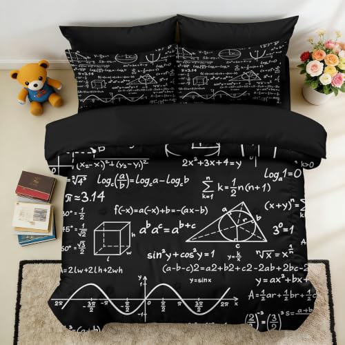 Image of NINENINE Math Formula Comforter Sets, Black Scientific Equation Formula Bedding 5PCS Queen Size Comforter Sets for Boys Teens (1Comforter, 1Flat Sheet, 1Fitted Sheet, 2Pillowcases)