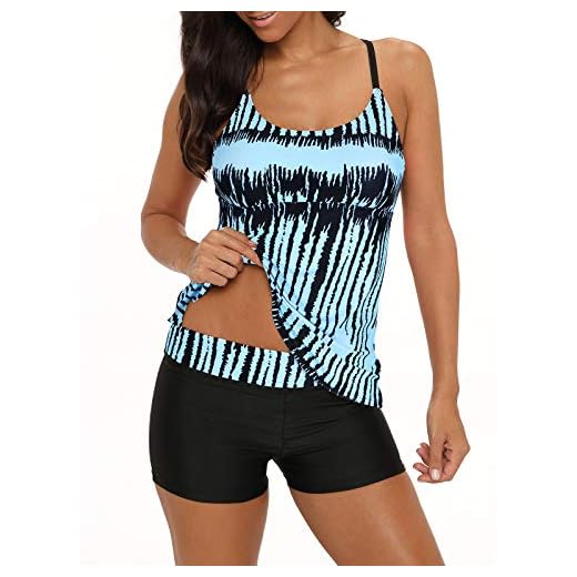 Durio Badeanzug Damen Bauchweg Frau Bademode Badeanzüge Tankinis Tankini mit Hotpants Badebekleidung Zweiteilig mit Streifen,Z Blau U. Weiß Mischung,EU 44 (Etikett XXL)