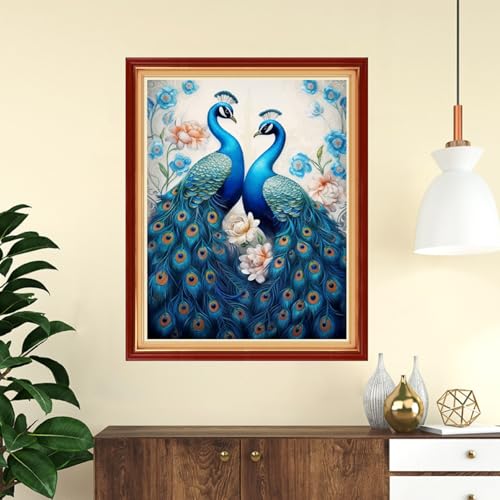 Image of Funchey Stamped Cross Stitch Kits, DIY Cross Stitch Pattern for Adults Beginners Needlepoint Kits Embroidery Kit Arts and Crafts 11CT-Blue Peacock 16x20 inch