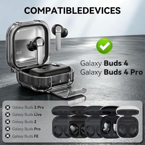 Image of Meyaar for Samsung Galaxy Buds 4 Pro /Buds 4 Case 2026,Military-Grade Shockproof, Soft TPU Highly Transparent Anti-Yellowing with Cleaning Kit (Lock (Transparent Black))