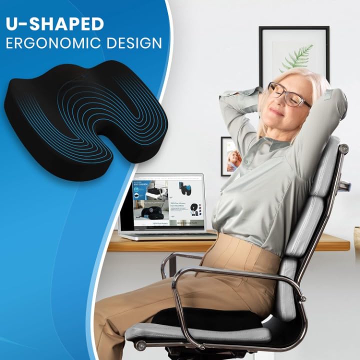 Image of DEBIK Coccyx Seat Cushion with Orthopedic Gel Memory Foam Tailbone & Lower Back Pain, U-Shaped Hip Support Pillow for Chairs - Upto 120 kg (Black)