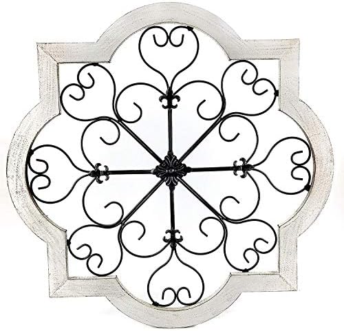 Bellaa 23936 Wall Decor Metal Medallion Flower Fleur De Lis Round Scroll Panel Plaque Wrought Iron Wood Frame Sculptures 24 inch Large