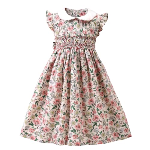 Toddler Girl Dress Smocked Floral Vintage Dress Tea Party Cotton Spring Summer Dresses for Girls,Size 2t-8y