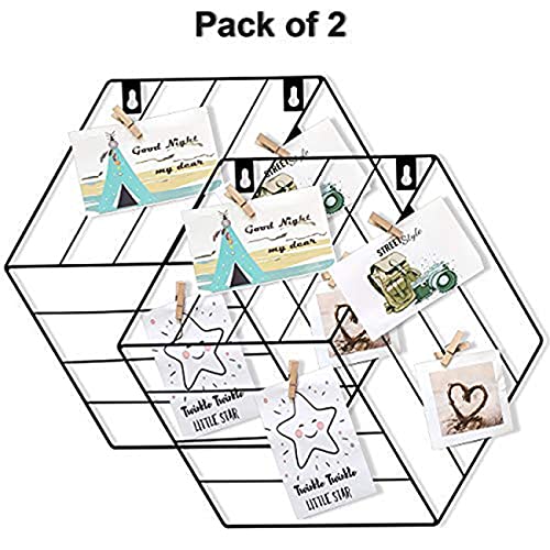 Image of Art Street Hexagon Shape Set of 2 DIY Metal Photo Grid Wall for photo hanging, wall decoration and display (size- 35 x 40 cm) -Photo clips included