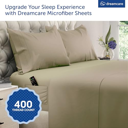 Image of DREAMCARE King Size Sheets Set - 4 pcs Breathable Cooling Sheets - up to 15 inch Deep Pocket King Sheet Set with Side Pockets - Extra Soft 100% Brushed Hypoallergenic Hotel Luxury Bedding - Eucalyptus