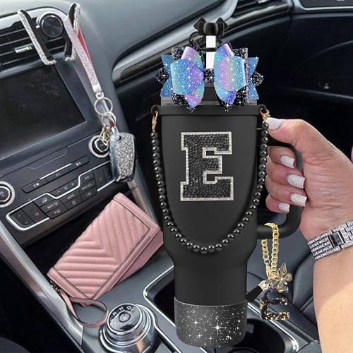 Hpebl 9PCS Black for Stanley Cup Accessories Set Bling Initials Bow Charms for Stanley Decorations 30/40 Oz Tumbler Accessories Including Bow Straw Topper, Handle Strap, Spill Stopper（Letter E） - image 6
