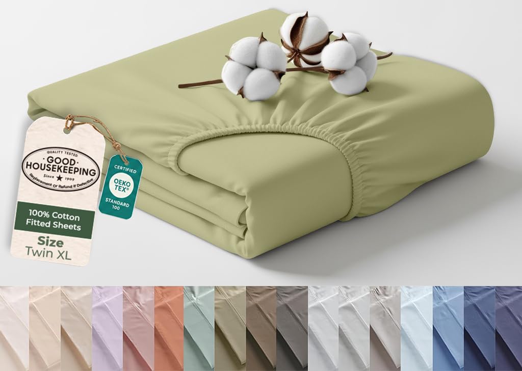 Royale Linens 100% Organic Cotton Twin XL Fitted Sheet Only - Percale Weave - Super Soft Deep Pocket Bottom Sheets - Sage Green Elastic Sheet - Twin XL Fitted Sheets Only - (39"x80"+15", Sage Green)