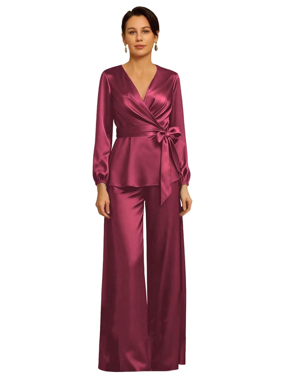 Long Sleeve Mother of The Bride Pantsuits with Bow 2 Piece Mother of Groom Dresses V Neck Wedding