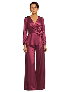 Long Sleeve Mother of The Bride Pantsuits with Bow 2 Piece Mother of Groom Dresses V Neck Wedding