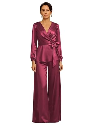 Long Sleeve Mother of The Bride Pantsuits with Bow 2 Piece Mother of Groom Dresses V Neck Wedding