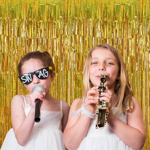 Image of TONIFUL 3Pcs Laser Gold Door Streamers, Metallic Foil Fringe Curtains for Birthday, Christmas, New Year, Bachelorette, Graduation Parties (9.9ft x 6.6ft)