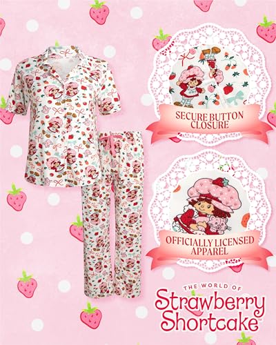 Image of COCO BRANDS Strawberry Shortcake Womens Pajama Sets - 2 Piece Soft Stretch Button Down Sleep Shirt and Pajama Pants