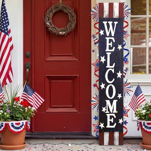 FairySandy 4th of July Porch Sign Patriotic Front Door Decorations Rustic Red White Blue Vertical Wooden Sign Farmhouse Outdoor USA Independence Day Decor for Front Porch Wall Outside(Vintage)
