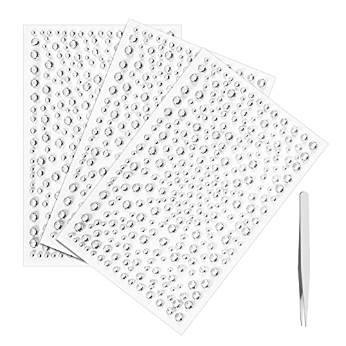 ADAKEL 975 stuks strassstickers, 3 vellen glittermake-up zelfklevende glitterglittergezicht met pincet strasslijm DIY nagelkunst schoonheid telefoondecoratieframe (975)
