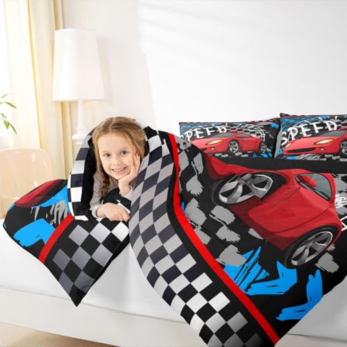 Image of Feelyou Boys Race Car Bedding Set Cool Race Sports Car Set Comforter Set for Kids Boys Sports Theme Duvet Set Checkered Comforter Red 1 Comforter Set with 1 Pillowcase Toddler Size