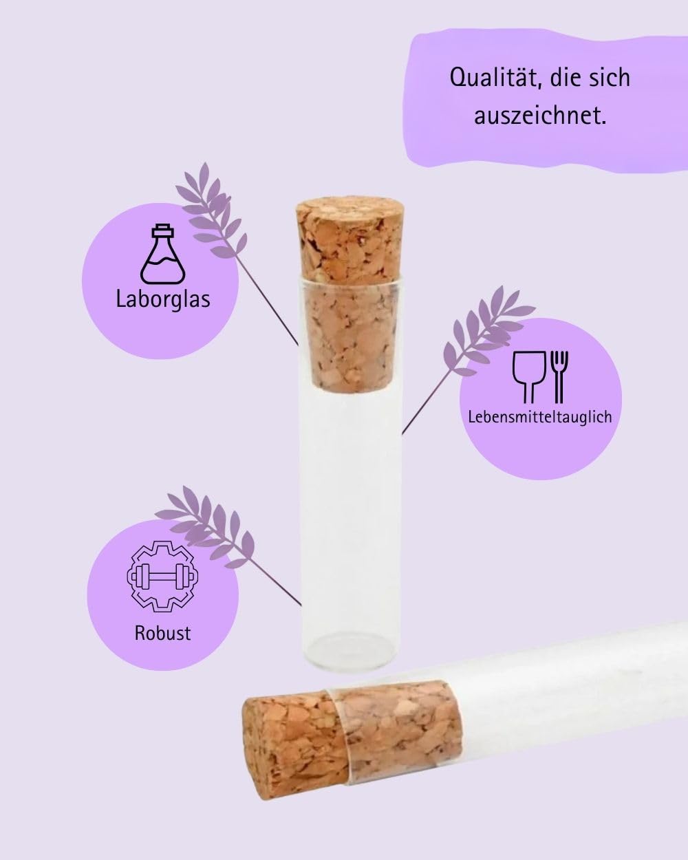 288 Stück Flachbodengläser | 50mm x Ø14mm | Globuligläser | transparente Laborgläser | Laborgefäß Klarglas | Reagenzglas stehend mit Natur Korkstopfen