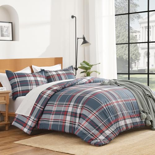 Image of Andency Navy Red Plaid Comforter Set Full(79x90Inch), 3 Pieces Grid Gingham Stripes Bedding Comforter Sets for Boys Girls Kids Teens, Preppy Geometric Line Soft Lightweight Reversible Bed Set as Gift