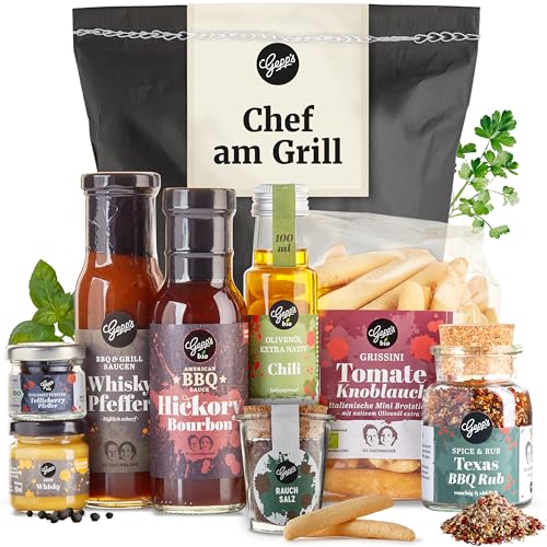 Gepp's Feinkost Chef am Grill Geschenkkorb für Männer I Köstliches Grill-Geschenk mit Grillsaucen, Whiskey Senf, Chili-Öl, Black Lava Salz, Gourmet Pfeffer &...