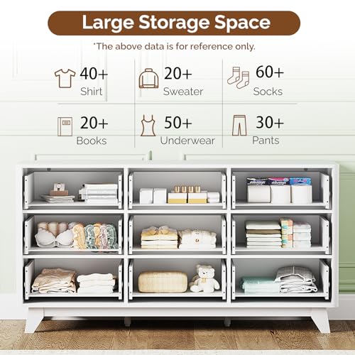 Image of VINGLI 9 Drawer Dresser White Fluted Dresser for Bedroom with Rounded Edges, 57 inch Long Wood Dressers White and Gold, 57 inch W*15.75 inch D*29.92 inch H