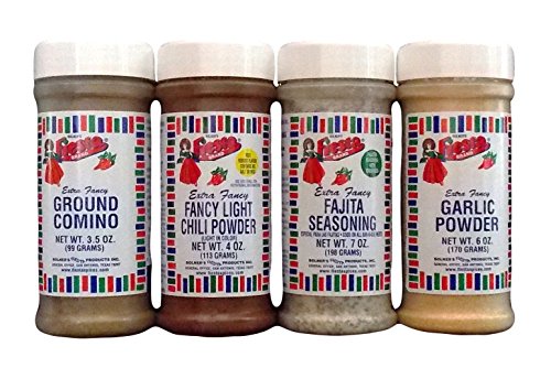 Bolner's Fiesta Extra Fancy Traditional Mexican Kitchen Seasoning 4 Flavor Variety Bundle: (1) Fajita Seasoning, (1) Comino (Cumin), (1) Light Chili Powder, and (1) Garlic Powder, 3.5-7 Oz. Ea.