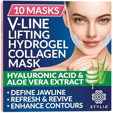 Stylia Double Chin Mask - V Line Chin Strap - Lifting Collagen Face Mask with Hyaluronic Acid & Aloe Vera - Face Lift Tape Jawline Shaper - Self Care Gifts for Women - Face Masks Skincare - 10PC Cover