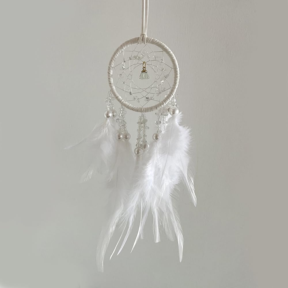 Small White Dream Catcher for Car Rearview Mirror Handmade Beaded Feather Dreamcatcher Car Hanging Ornament Home Room Wall Decoration
